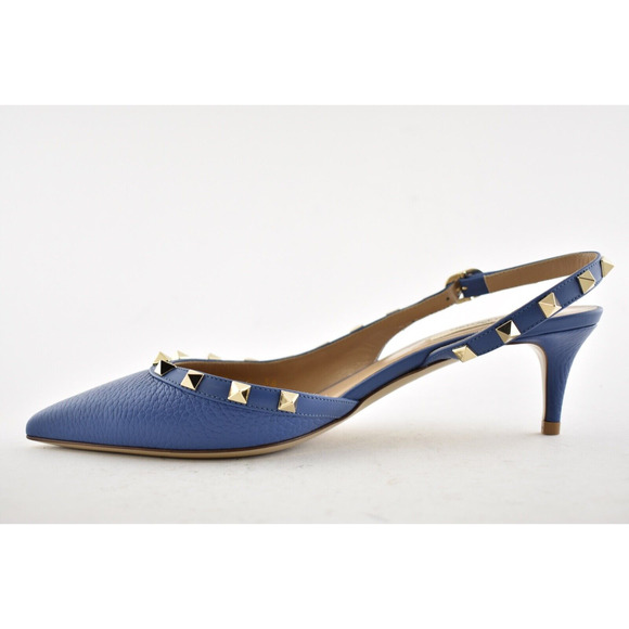 Valentino Rockstud 50 Blue Gold Stud Slingback Strap Sandal Kitten Heel Pump 38 - Picture 8 of 11